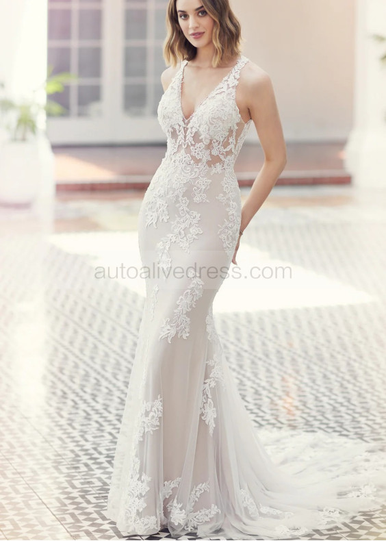 Beaded Ivory Lace Tulle Keyhole Back Luxury Wedding Dress